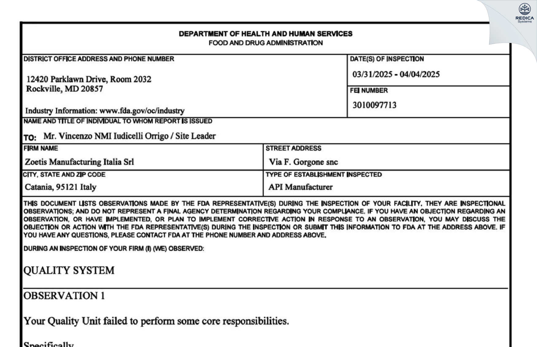 FDA 483 - Zoetis Manufacturing Italia SRL [Catania / Italy] - Download PDF - Redica Systems