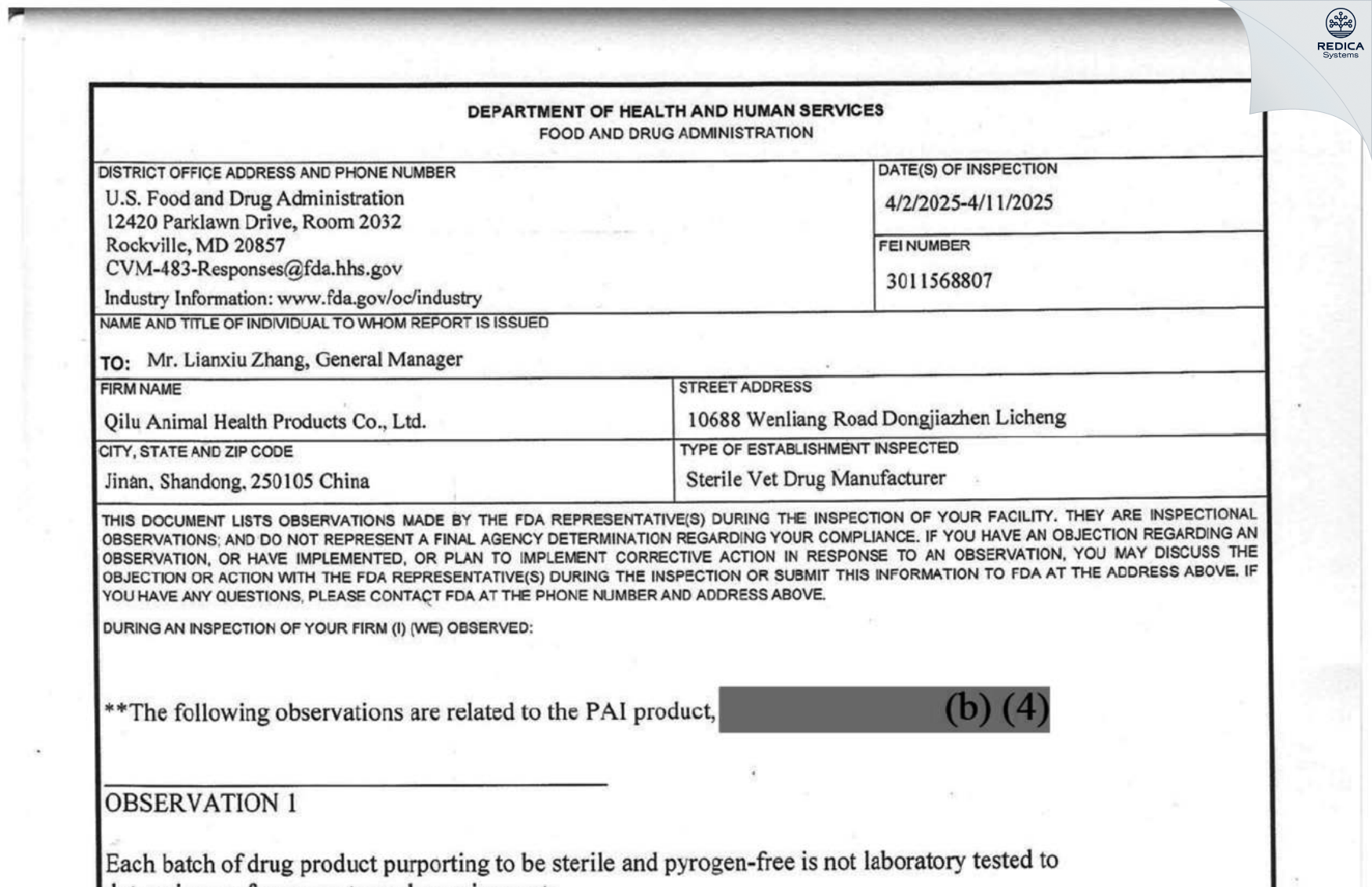 FDA 483 - Qilu Animal Health Products Co., Ltd. [Jinan / China] - Download PDF - Redica Systems