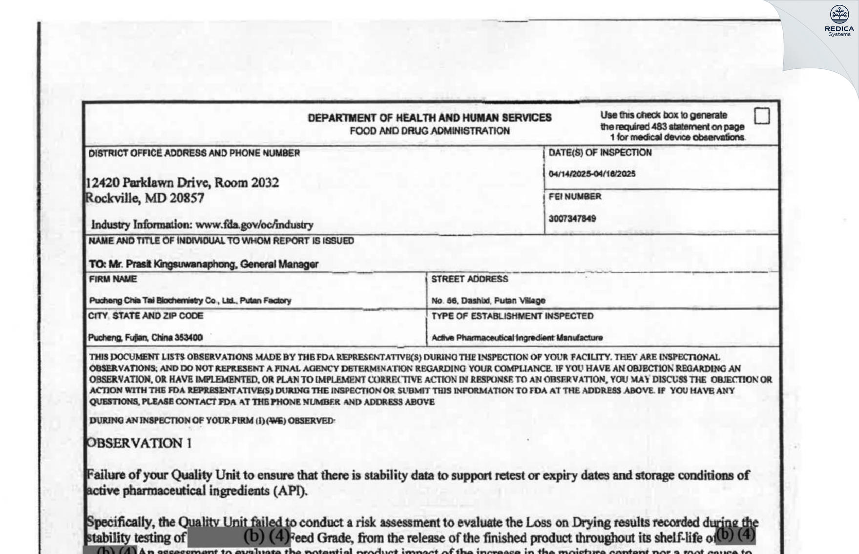 FDA 483 - Putan Factory of Pucheng Chia Tai Biochemistry Co., Ltd. [Pucheng / China] - Download PDF - Redica Systems