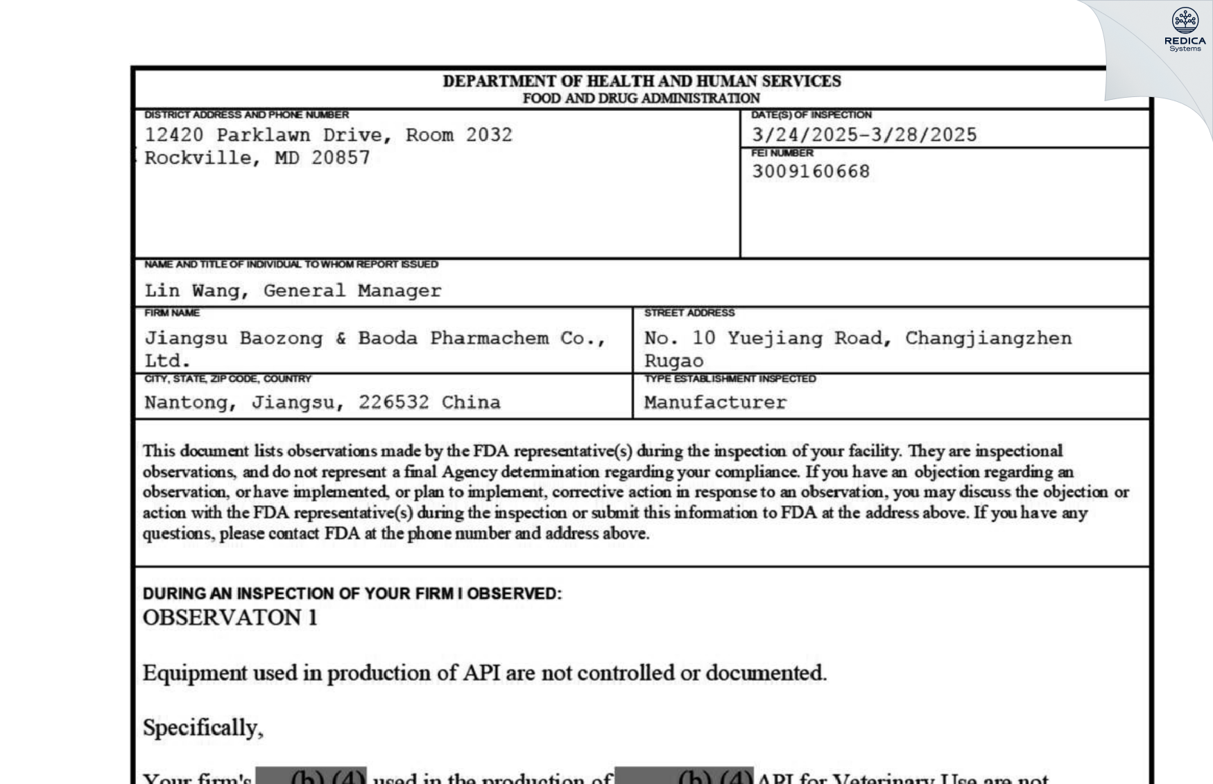 FDA 483 - Jiangsu Baozong & Baoda Pharmachem Co., Ltd. [Rugao / China] - Download PDF - Redica Systems