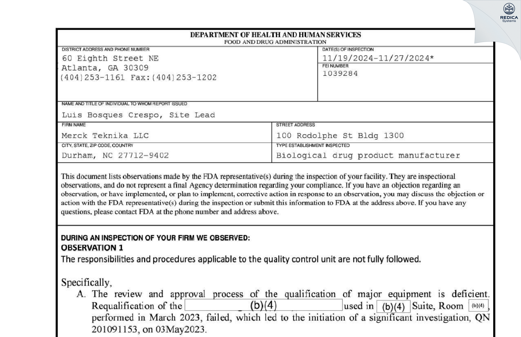 FDA 483 - Merck Teknika LLC [Durham / United States of America] - Download PDF - Redica Systems