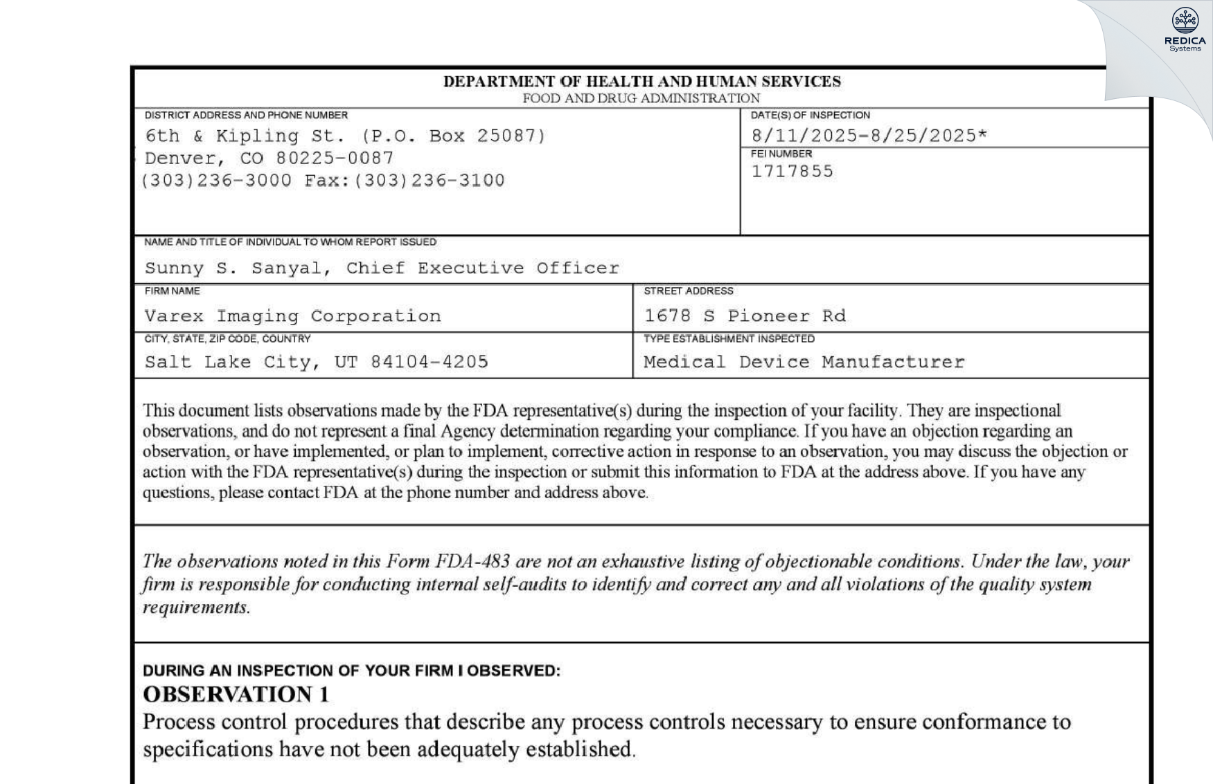 FDA 483 - Varian Medical Systems, Inc., X-ray Products Division [Salt Lake City / United States of America] - Download PDF - Redica Systems