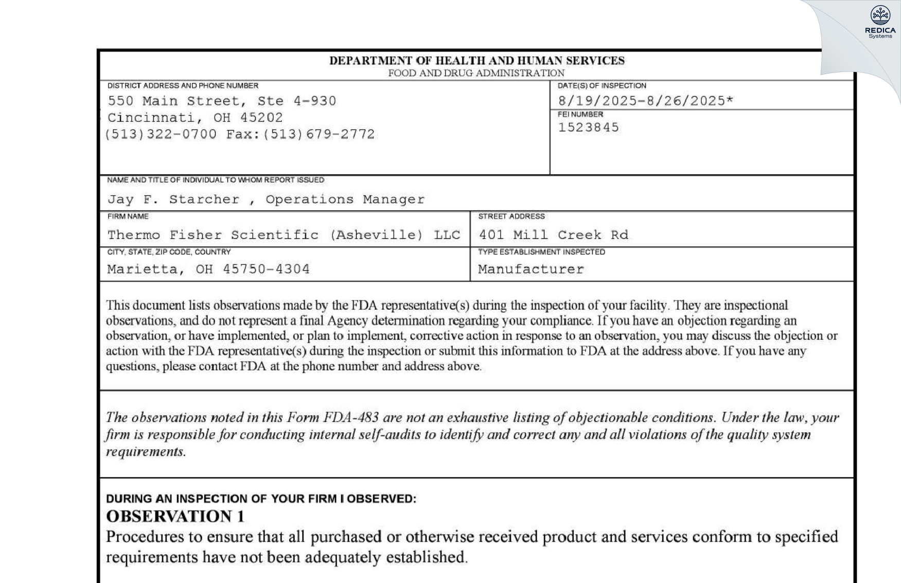 FDA 483 - Thermo Fisher Scientific (Asheville) LLC [Marietta / United States of America] - Download PDF - Redica Systems