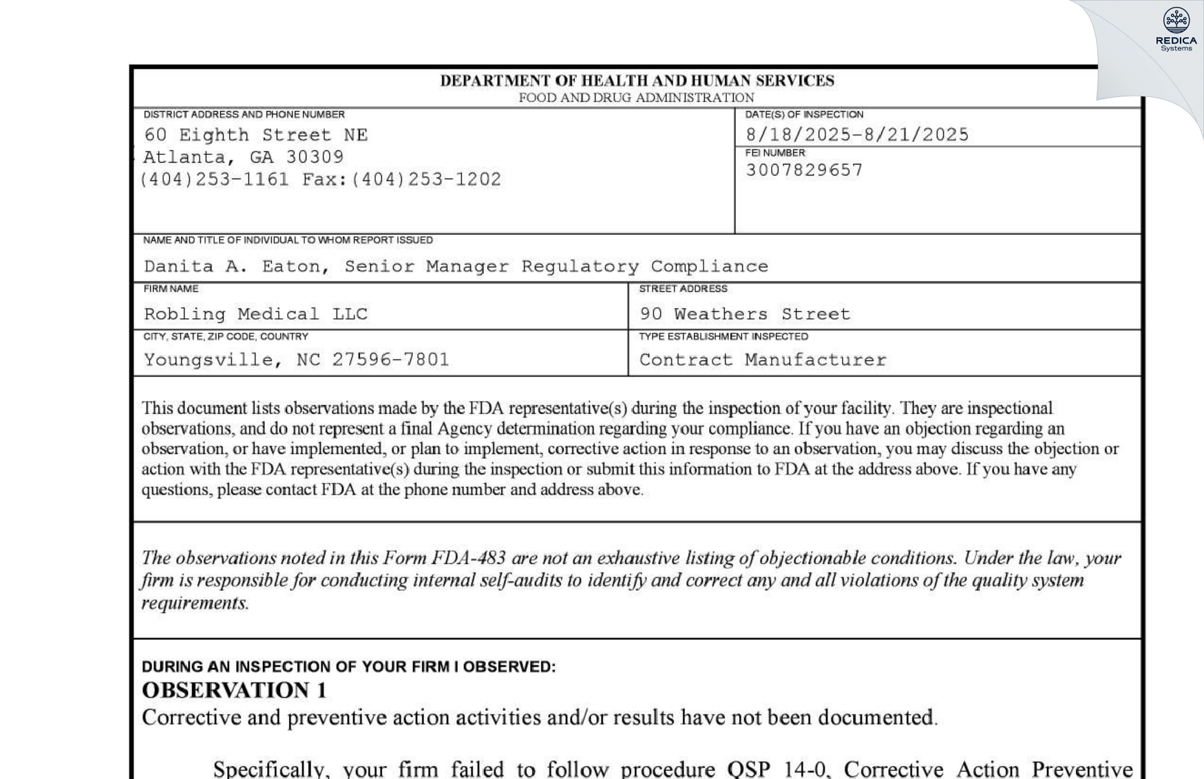 FDA 483 - Robling Medical Inc [Youngsville / United States of America] - Download PDF - Redica Systems