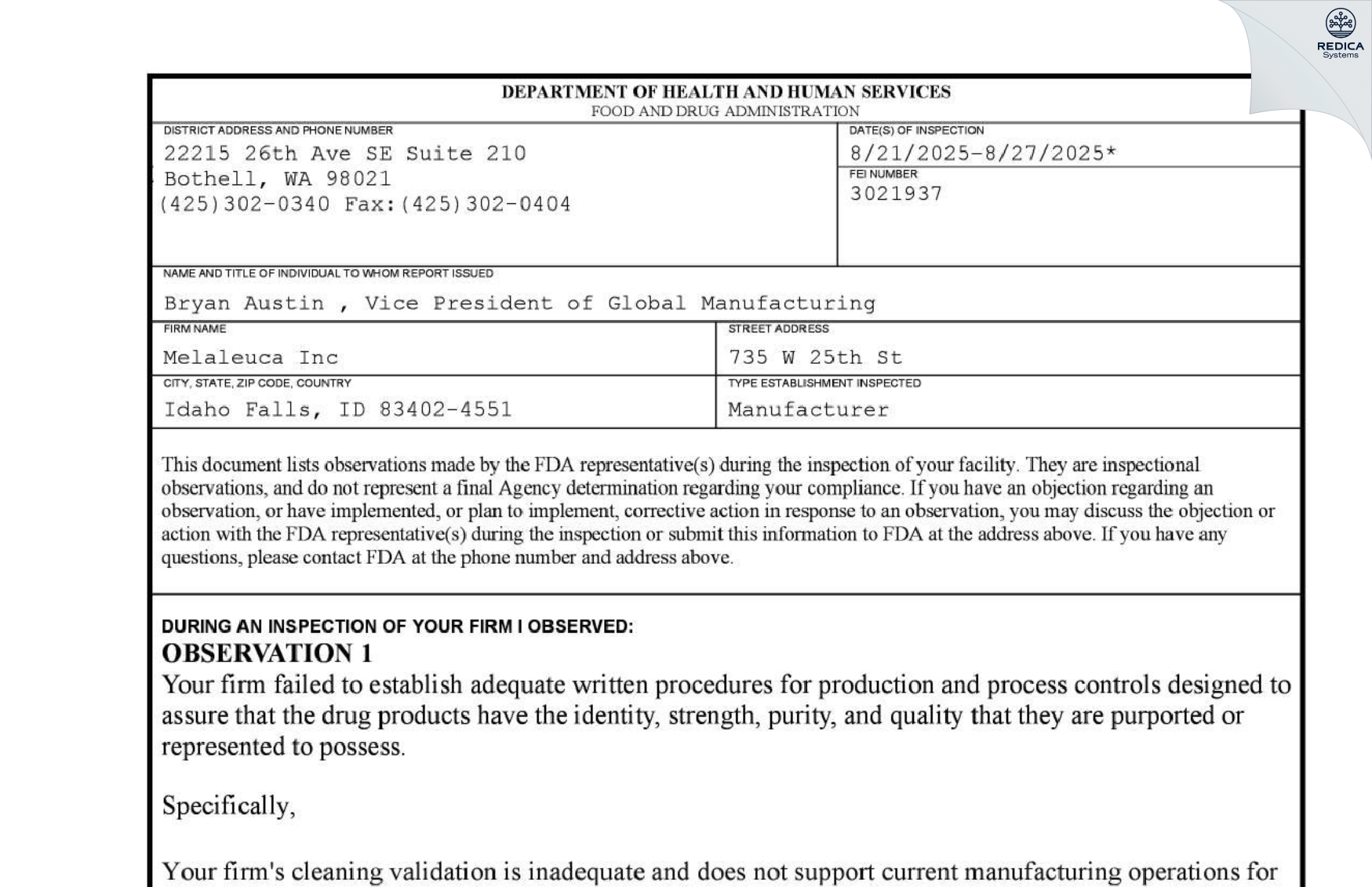 FDA 483 - Melaleuca [Idaho Falls / United States of America] - Download PDF - Redica Systems