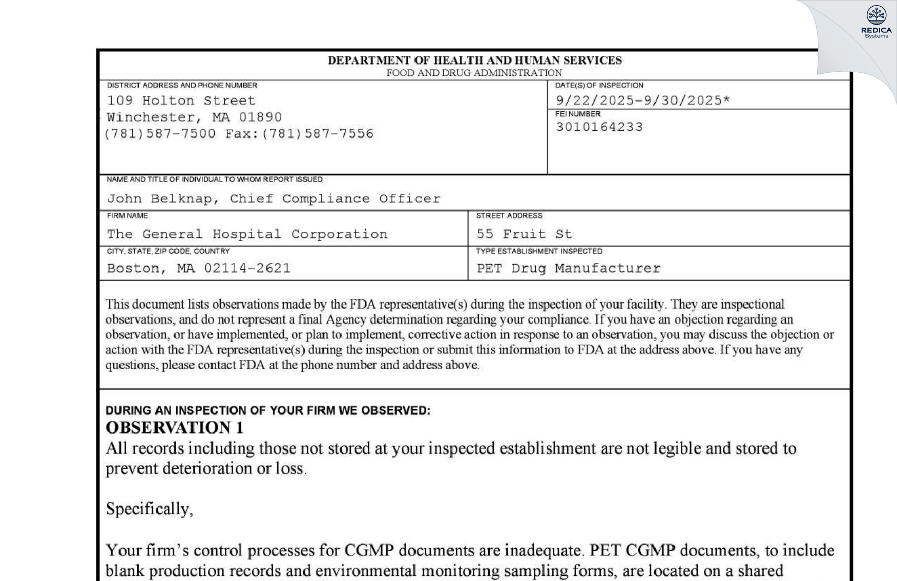 FDA 483 - MASSACHUSETTS GENERAL HOSPITAL, THE [Boston / United States of America] - Download PDF - Redica Systems