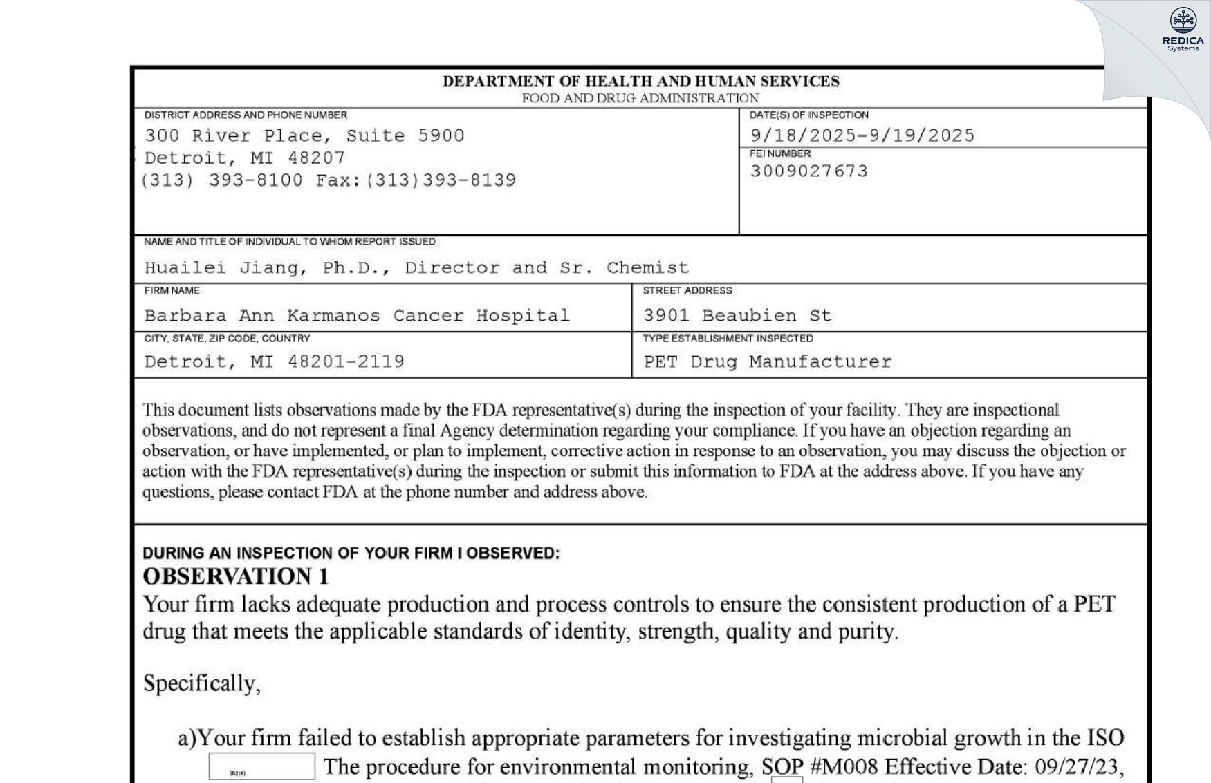 FDA 483 - Barbara Ann Karmanos Cancer Hospital [Detroit / United States of America] - Download PDF - Redica Systems