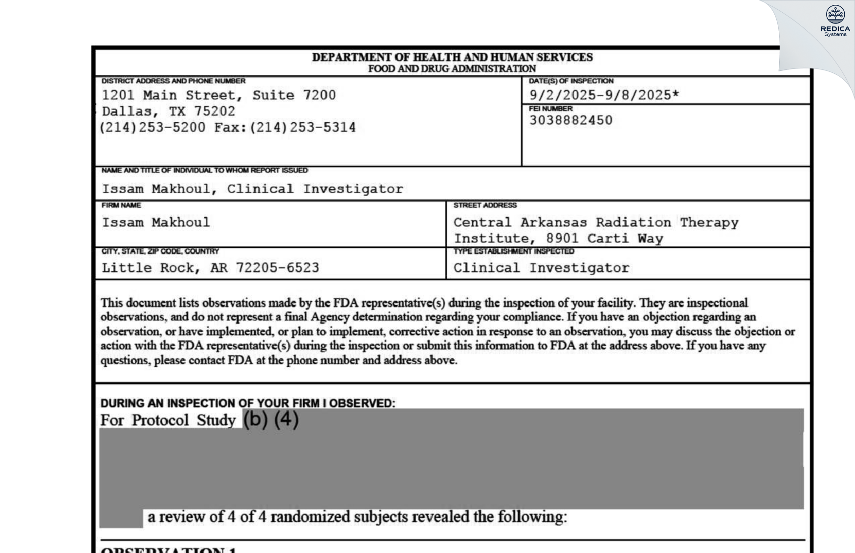 FDA 483 - Issam Makhoul [Little Rock / United States of America] - Download PDF - Redica Systems