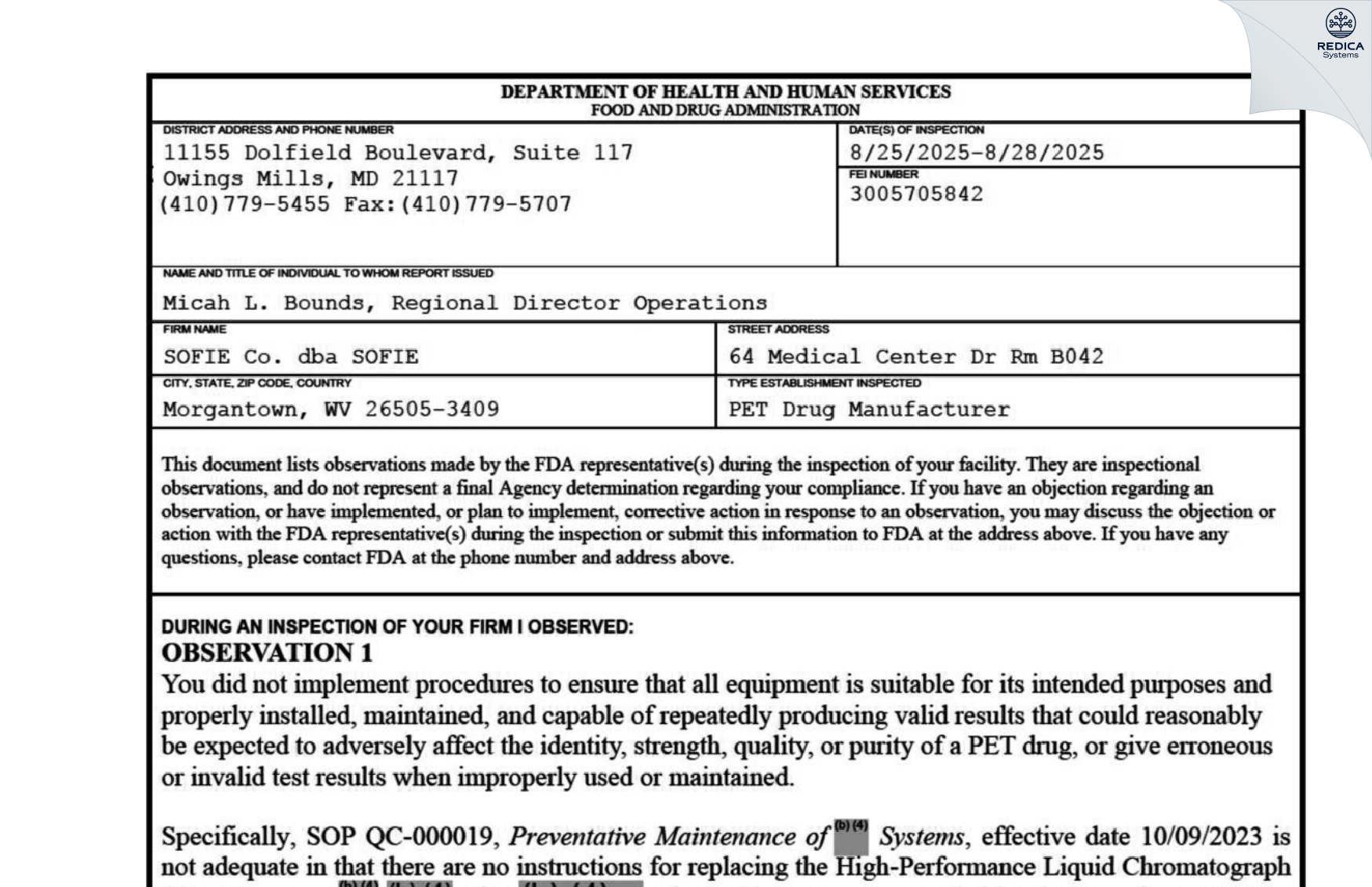 FDA 483 - SOFIE Co. dba SOFIE [Morgantown / United States of America] - Download PDF - Redica Systems