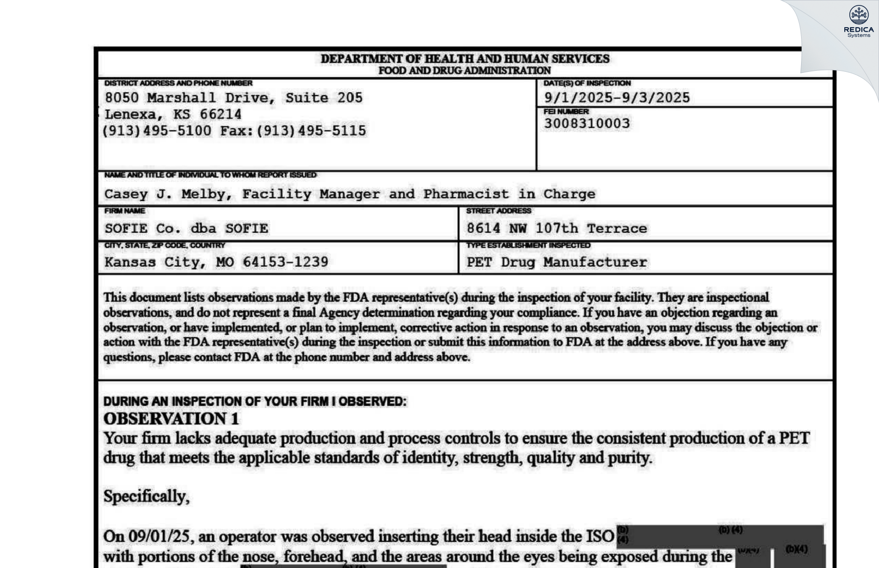 FDA 483 - SOFIE Co. dba SOFIE [Kansas City / United States of America] - Download PDF - Redica Systems