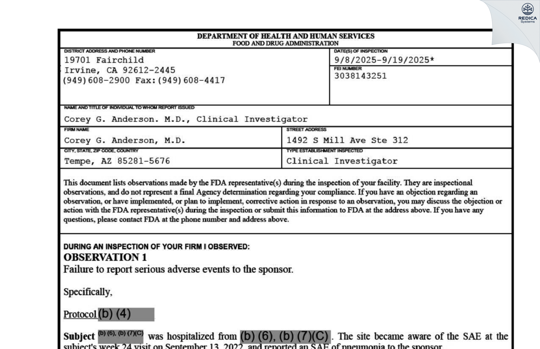 FDA 483 - Corey G. Anderson M.D. [Tempe / United States of America] - Download PDF - Redica Systems