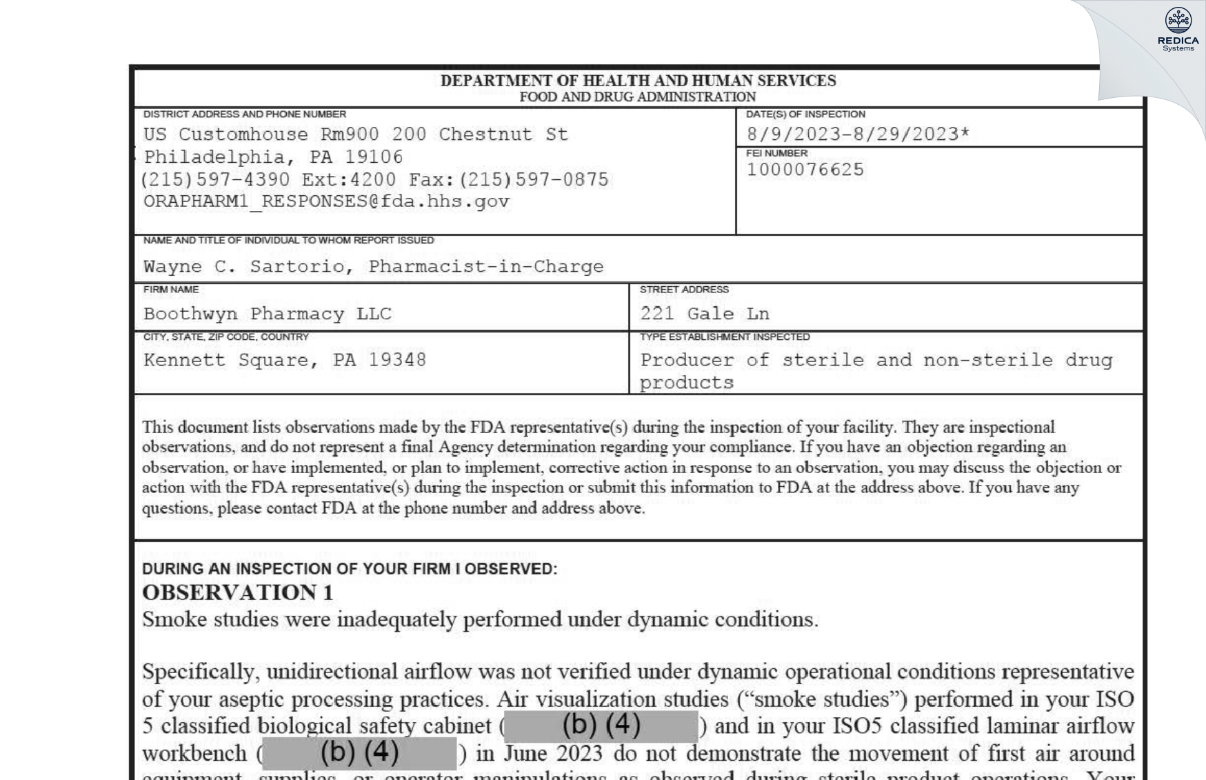 FDA 483 - Boothwyn Pharmacy LLC [Kennett Square / United States of America] - Download PDF - Redica Systems