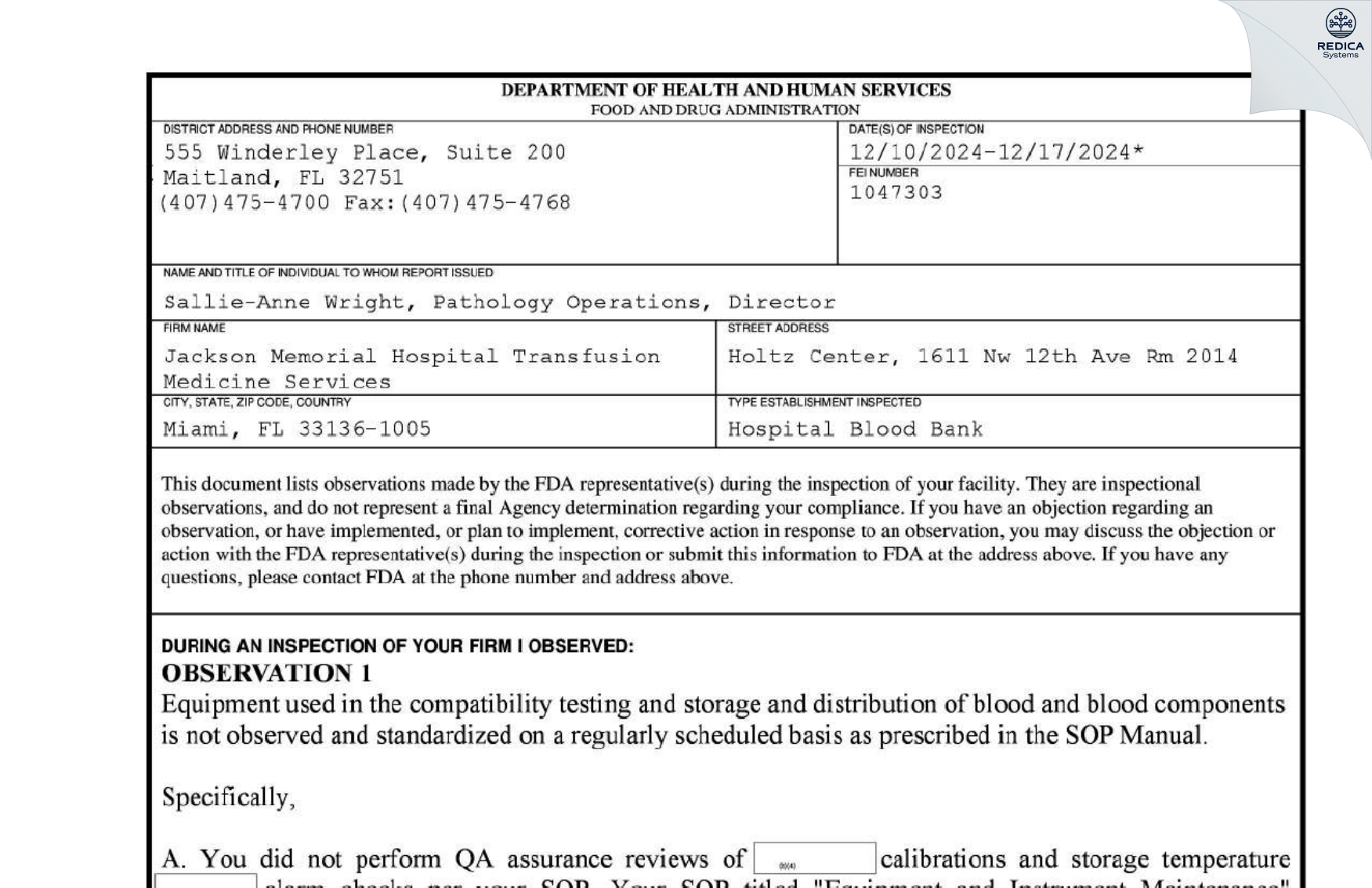 FDA 483 - Jackson Memorial Hospital Transfusion Medicine Services [Miami / United States of America] - Download PDF - Redica Systems