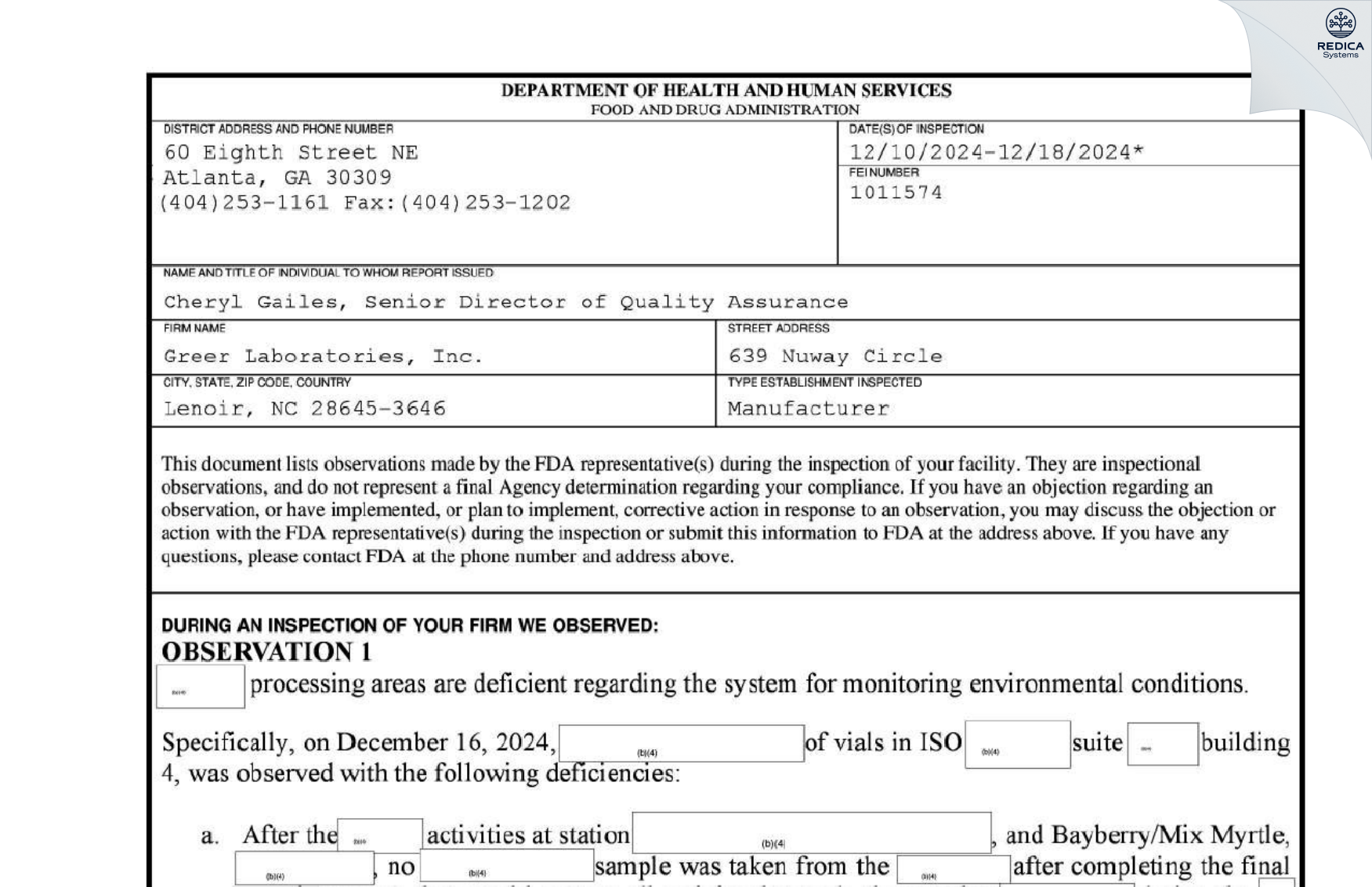 FDA 483 - Greer Laboratories, Inc. [Lenoir / United States of America] - Download PDF - Redica Systems