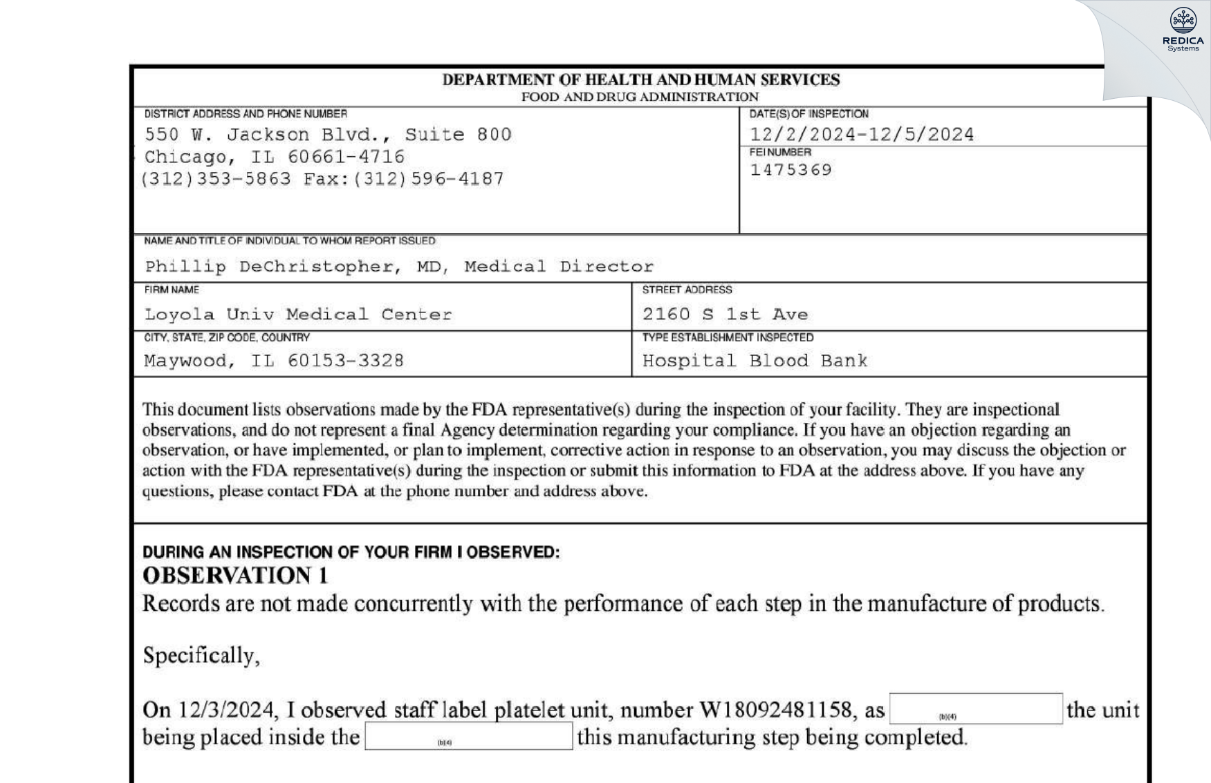 FDA 483 - Loyola Univ Medical Center dba Foster G. McGaw Hosp [Maywood / United States of America] - Download PDF - Redica Systems