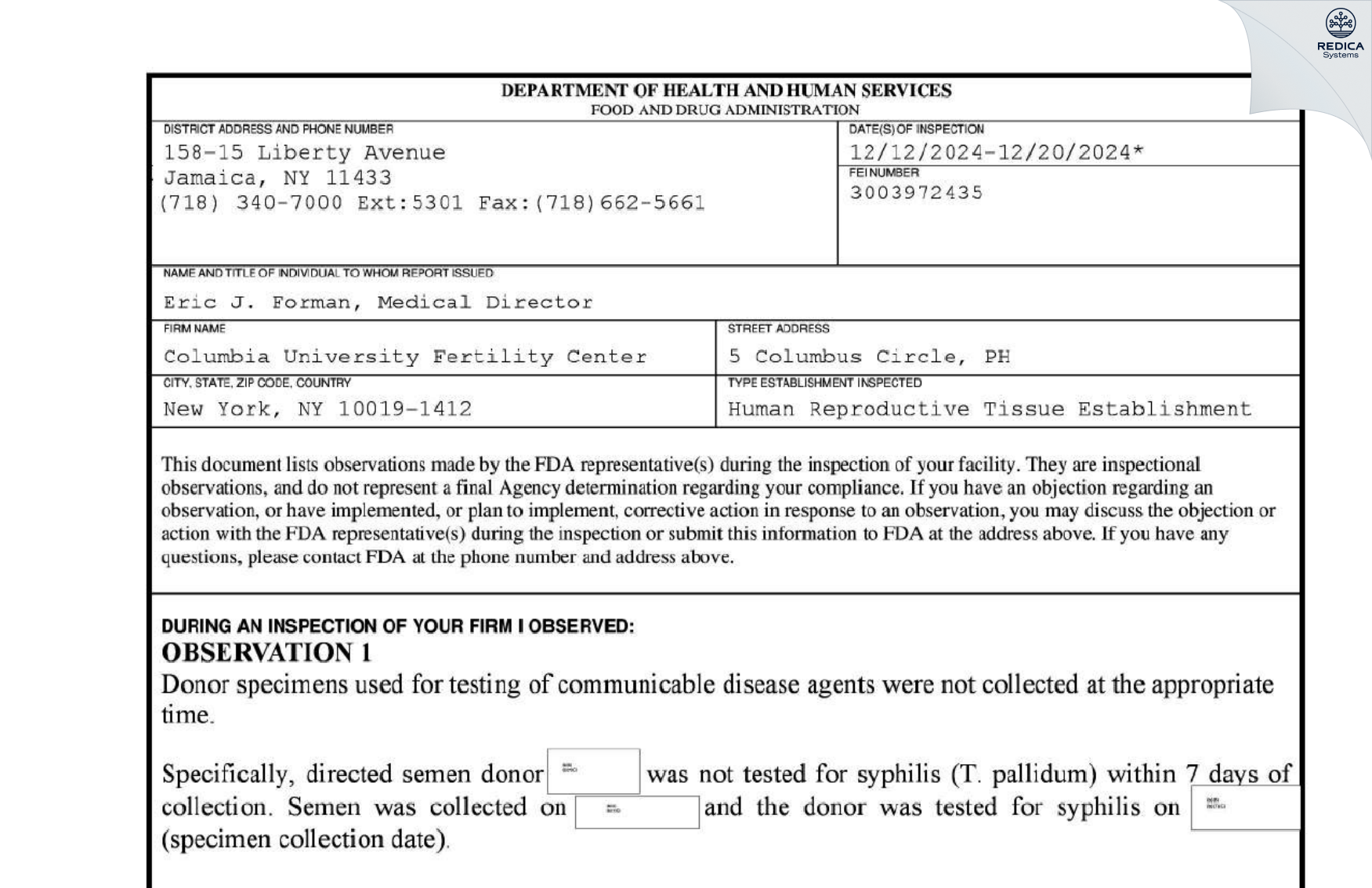 FDA 483 - Columbia University Fertility Center [New York / United States of America] - Download PDF - Redica Systems