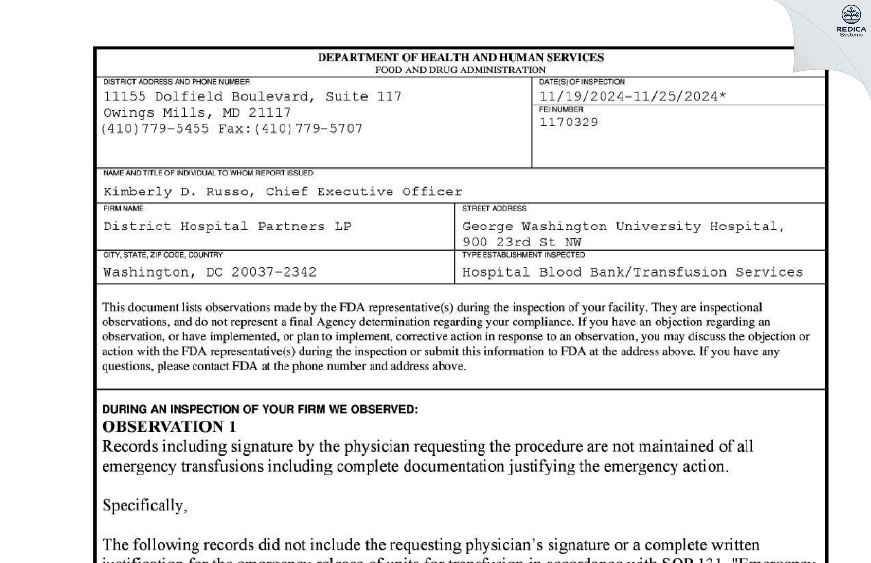 FDA 483 - District Hospital Partners LP [Washington / United States of America] - Download PDF - Redica Systems
