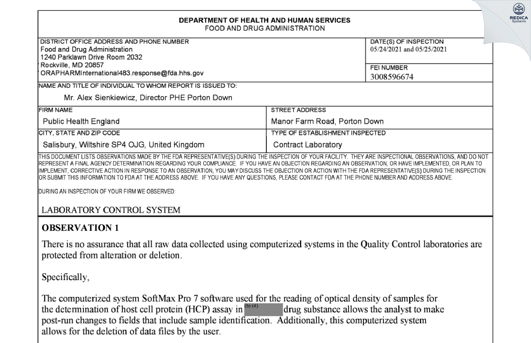 FDA 483 - UK Health Security Agency [Wiltshire / United Kingdom of Great Britain and Northern Ireland] - Download PDF - Redica Systems