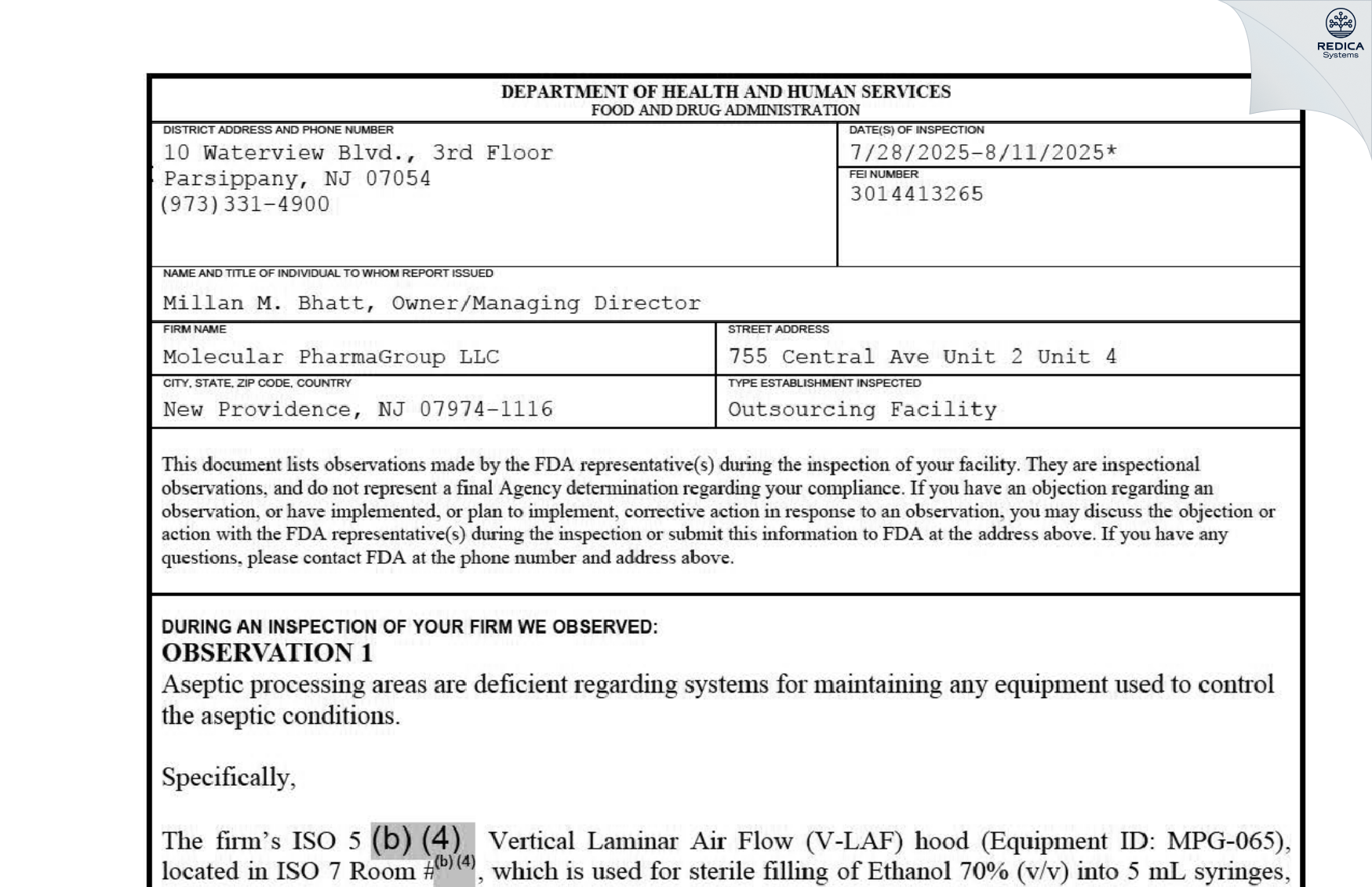 FDA 483 - Molecular PharmaGroup [New Providence / United States of America] - Download PDF - Redica Systems