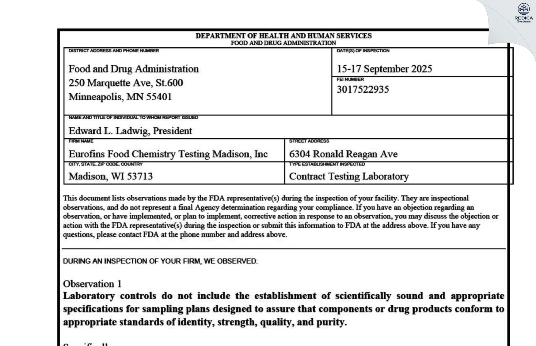 FDA 483 - Eurofins Food Chemistry Testing Madison Inc. [Madison / United States of America] - Download PDF - Redica Systems