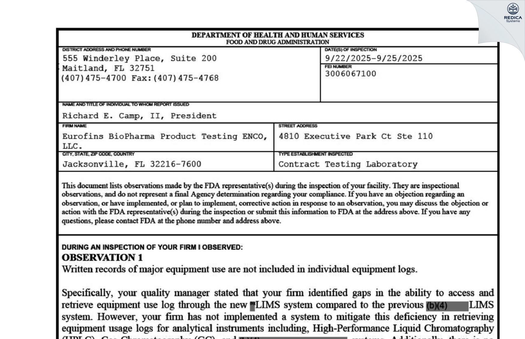 FDA 483 - Eurofins BioPharma Product Testing ENCO, LLC [Jacksonville / United States of America] - Download PDF - Redica Systems