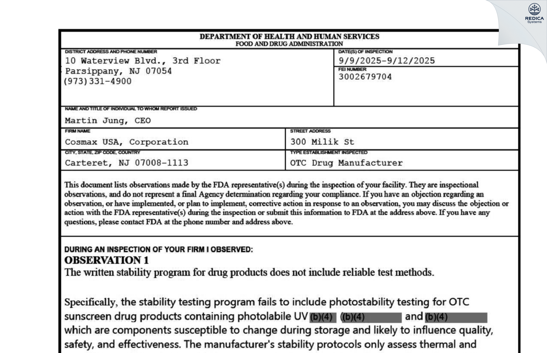 FDA 483 - Cosmax Usa, Corporation [Carteret / United States of America] - Download PDF - Redica Systems