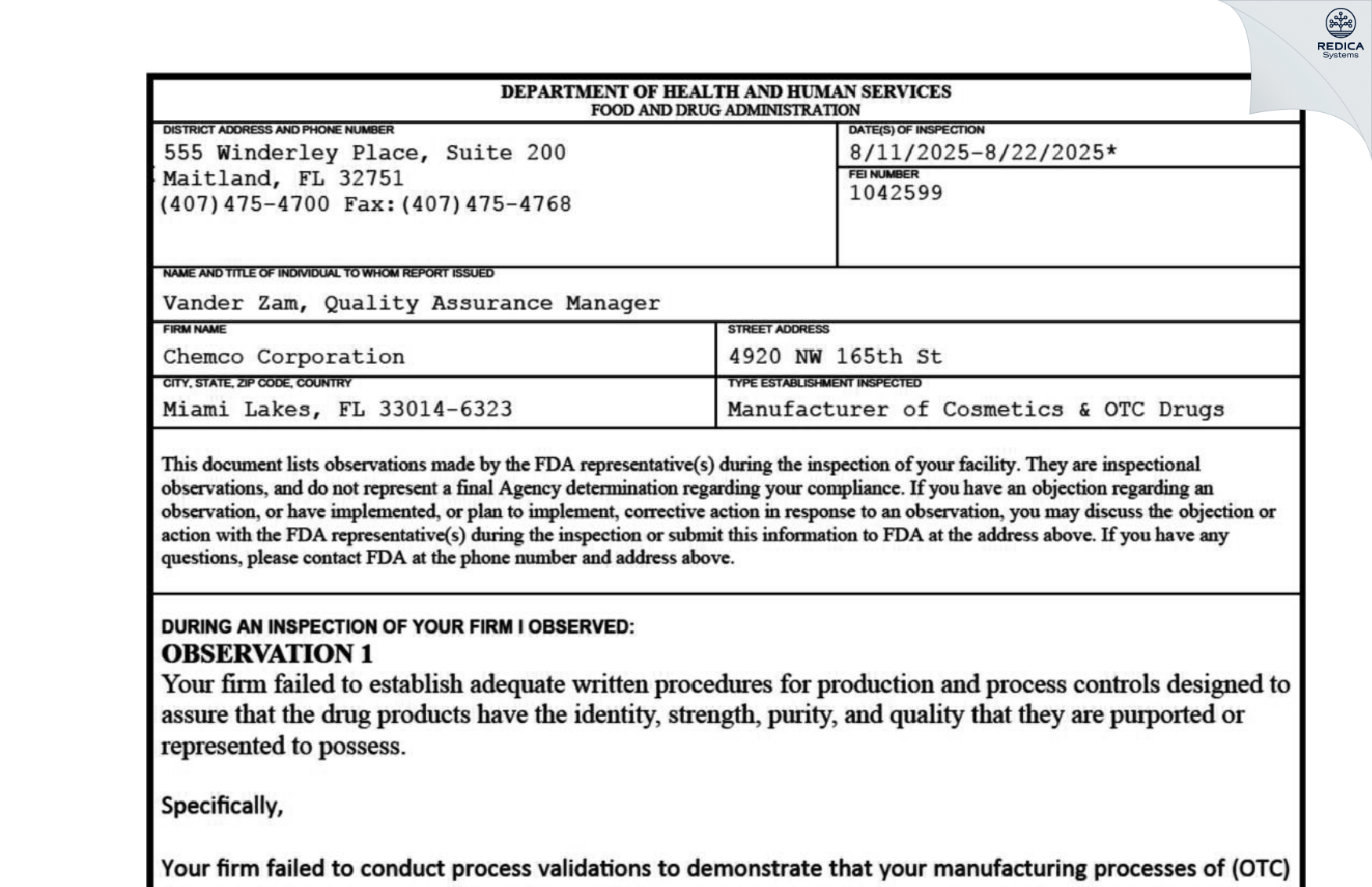 FDA 483 - Chemco Corporation [Miami Lakes / United States of America] - Download PDF - Redica Systems