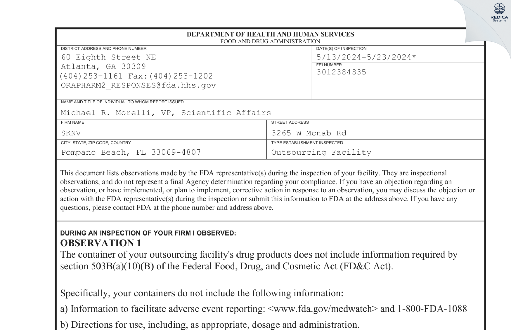 FDA 483 - SKNV [Pompano Beach / United States of America] - Download PDF - Redica Systems