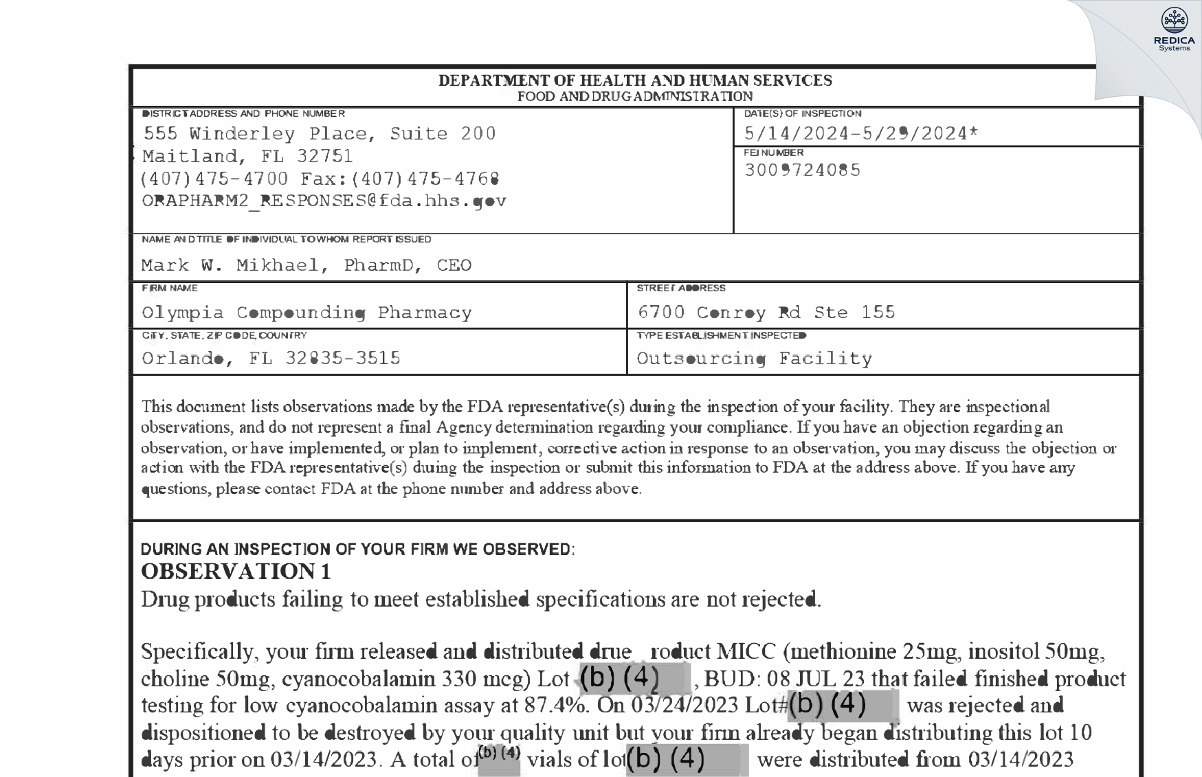 FDA 483 - Olympia Compounding Pharmacy [Orlando / United States of America] - Download PDF - Redica Systems