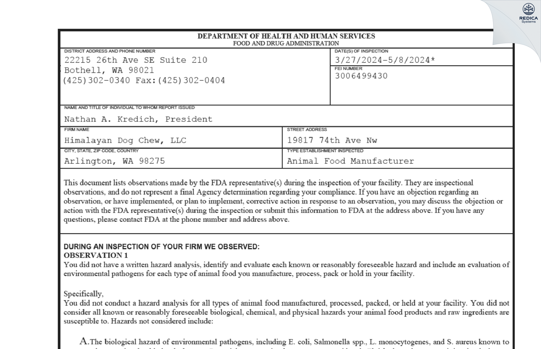 FDA 483 - Himalayan Dog Chew, LLC [Arlington / United States of America] - Download PDF - Redica Systems