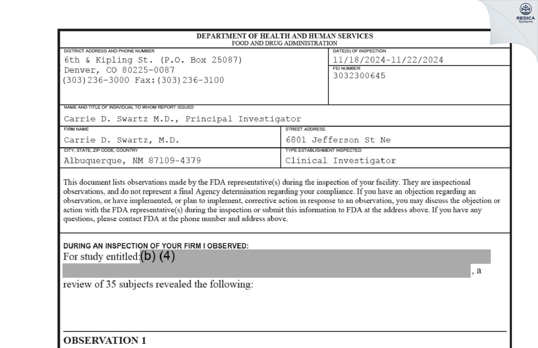 FDA 483 - Carrie D. Swartz, M.D. [Albuquerque / United States of America] - Download PDF - Redica Systems
