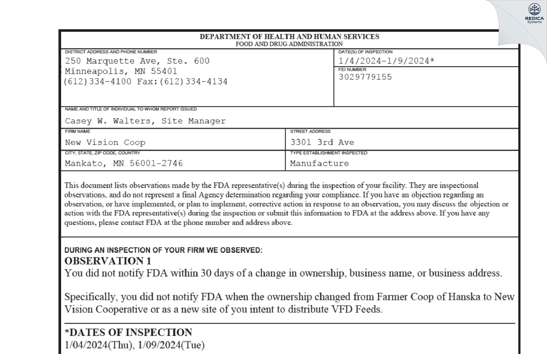 FDA 483 - New Vision Coop [Mankato / United States of America] - Download PDF - Redica Systems