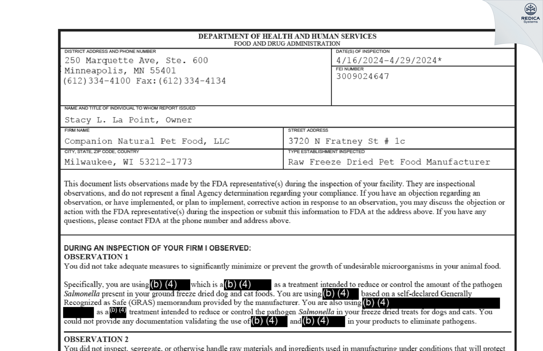 FDA 483 - Companion Natural Pet Food, LLC [Milwaukee / United States of America] - Download PDF - Redica Systems