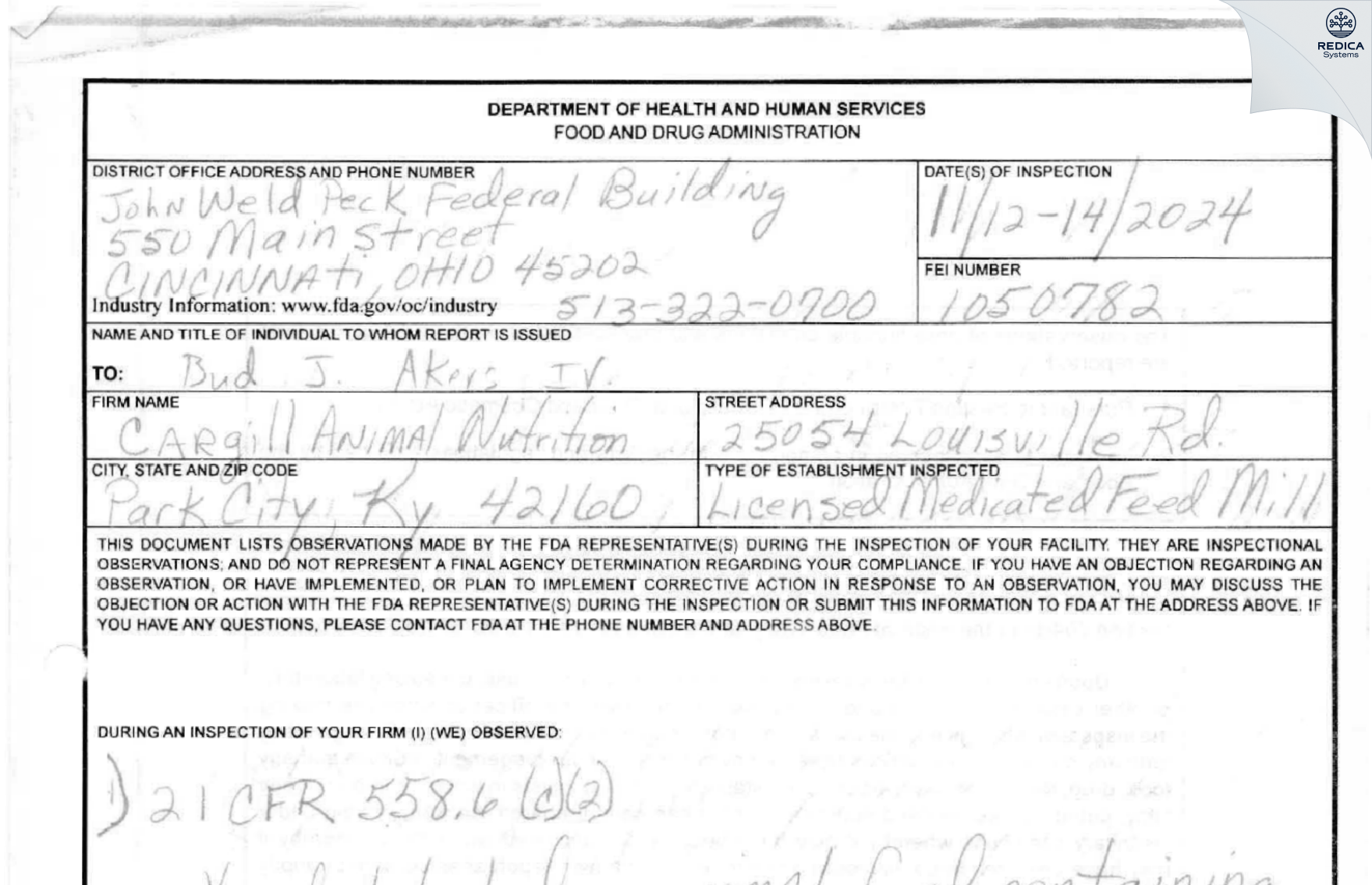 FDA 483 - Cargill, Incorporated [Park City / United States of America] - Download PDF - Redica Systems