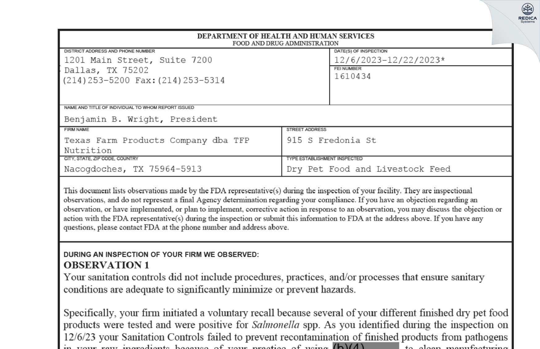 FDA 483 - Texas Farm Products Company dba TFP Nutrition [Nacogdoches / United States of America] - Download PDF - Redica Systems