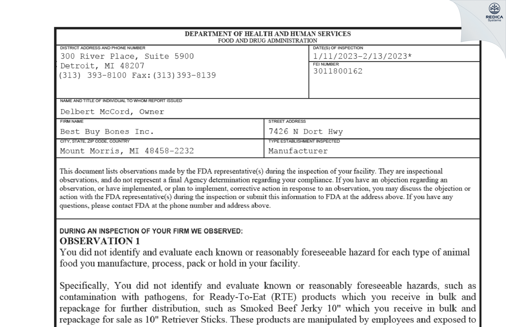 FDA 483 - Best Buy Bones Inc. [Mount Morris / United States of America] - Download PDF - Redica Systems