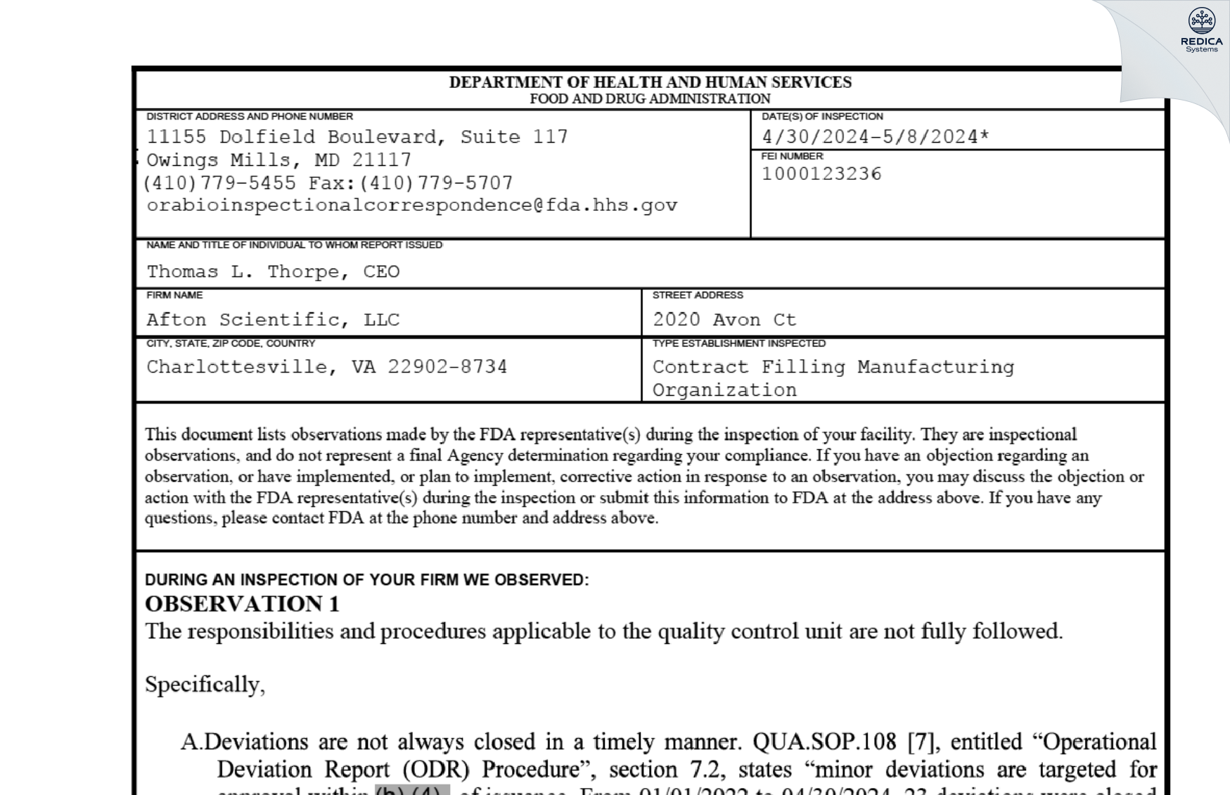 FDA 483 - Afton Scientific, LLC [Charlottesville / United States of America] - Download PDF - Redica Systems