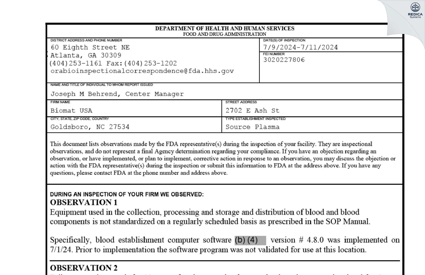 FDA 483 - Biomat USA [Goldsboro / United States of America] - Download PDF - Redica Systems