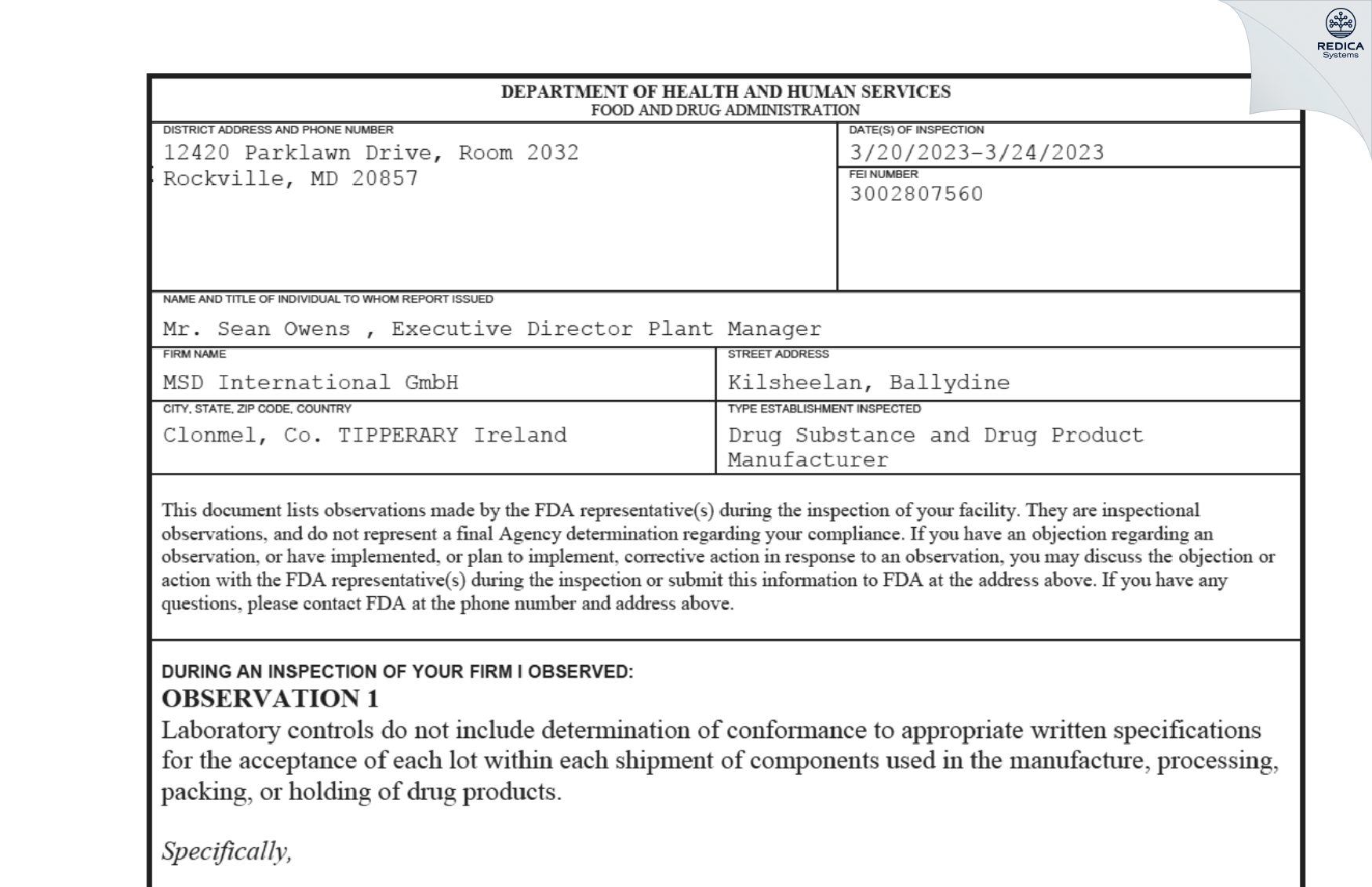 FDA 483 - MSD International GmbH [Clonmel / Ireland] - Download PDF - Redica Systems
