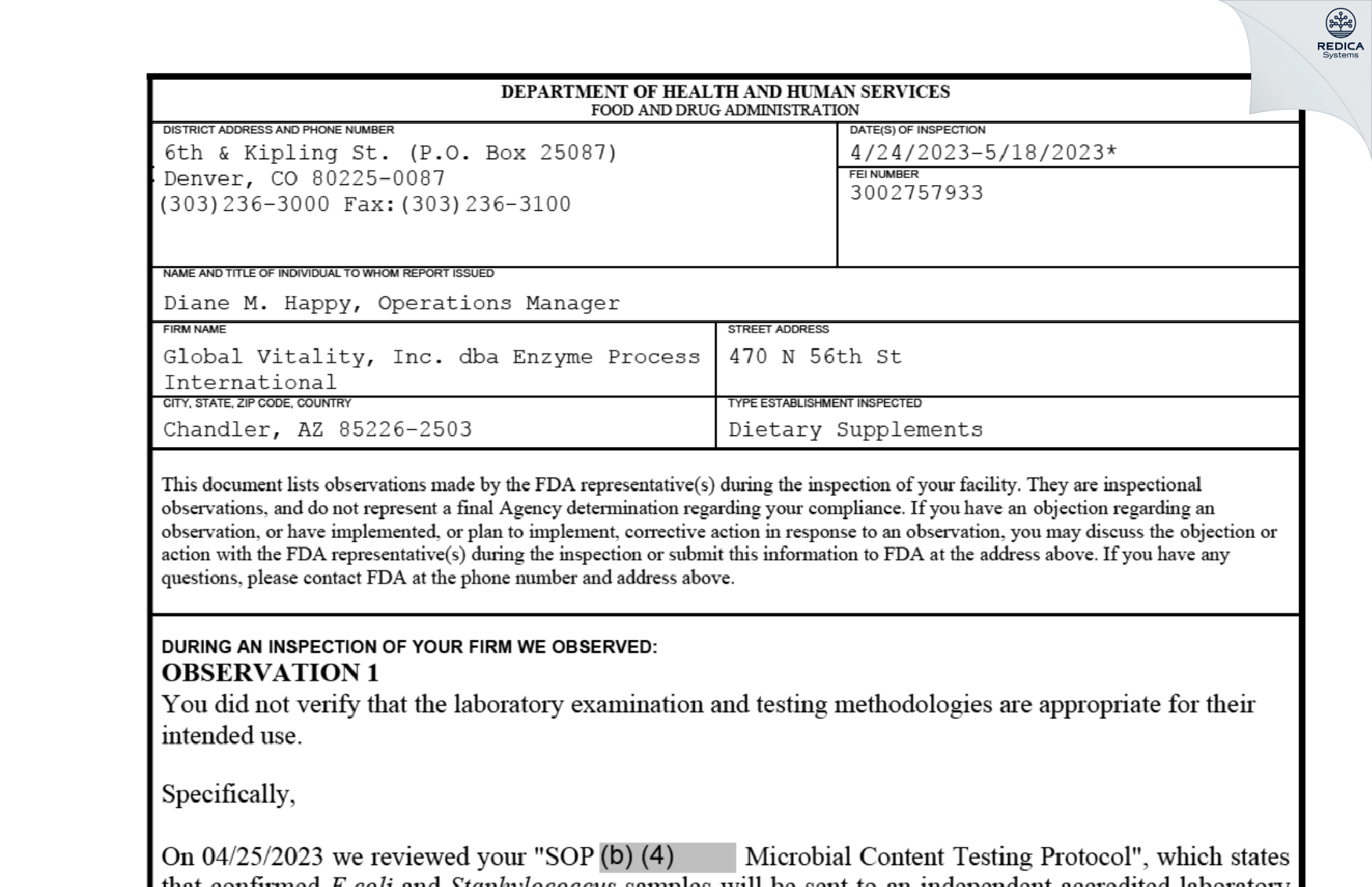 FDA 483 - Global Vitality Inc. [Chandler / United States of America] - Download PDF - Redica Systems