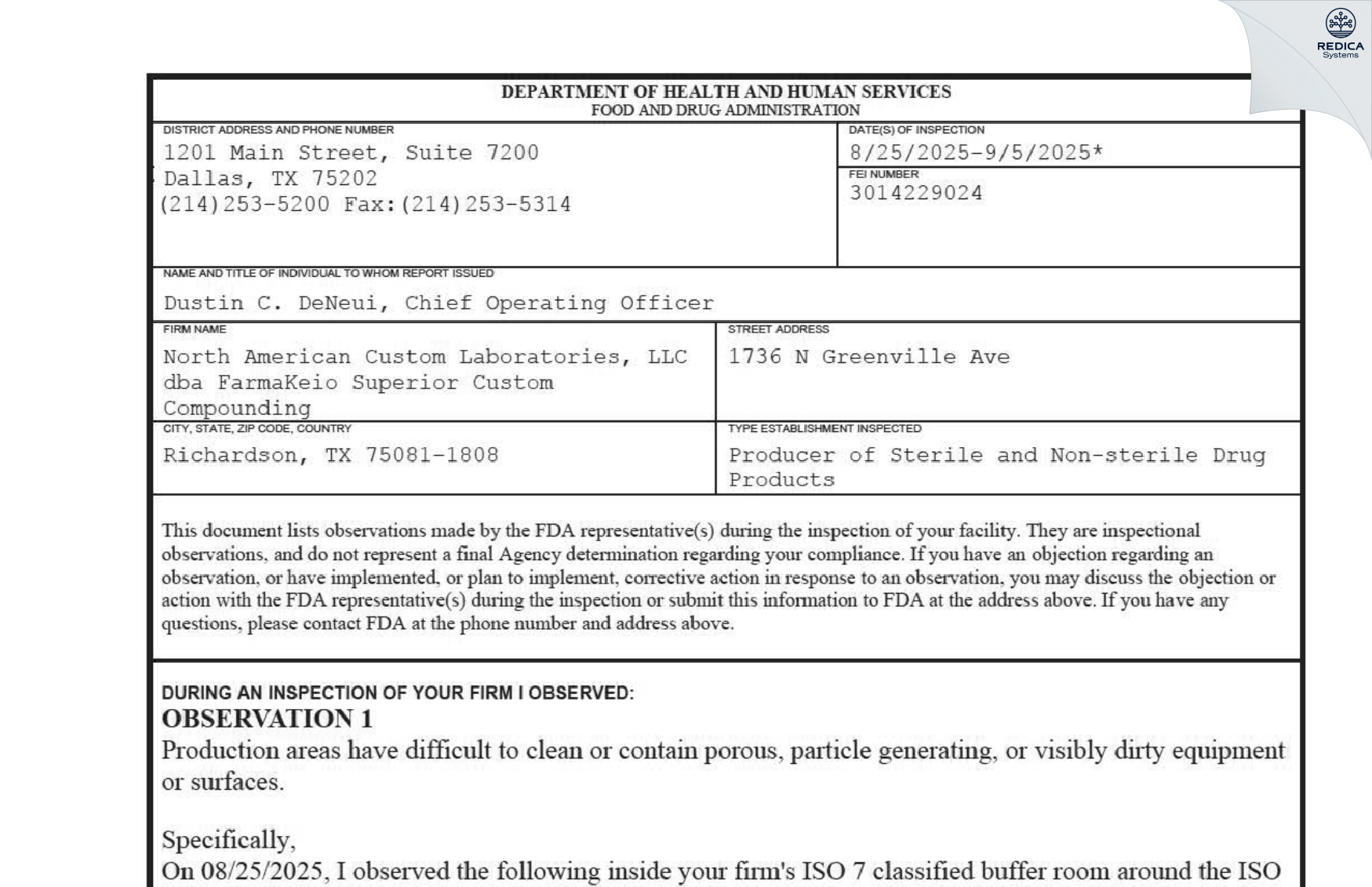 FDA 483 - North American Custom Laboratories, LLC dba FarmaKeio Superior Custom Compounding [Richardson / United States of America] - Download PDF - Redica Systems