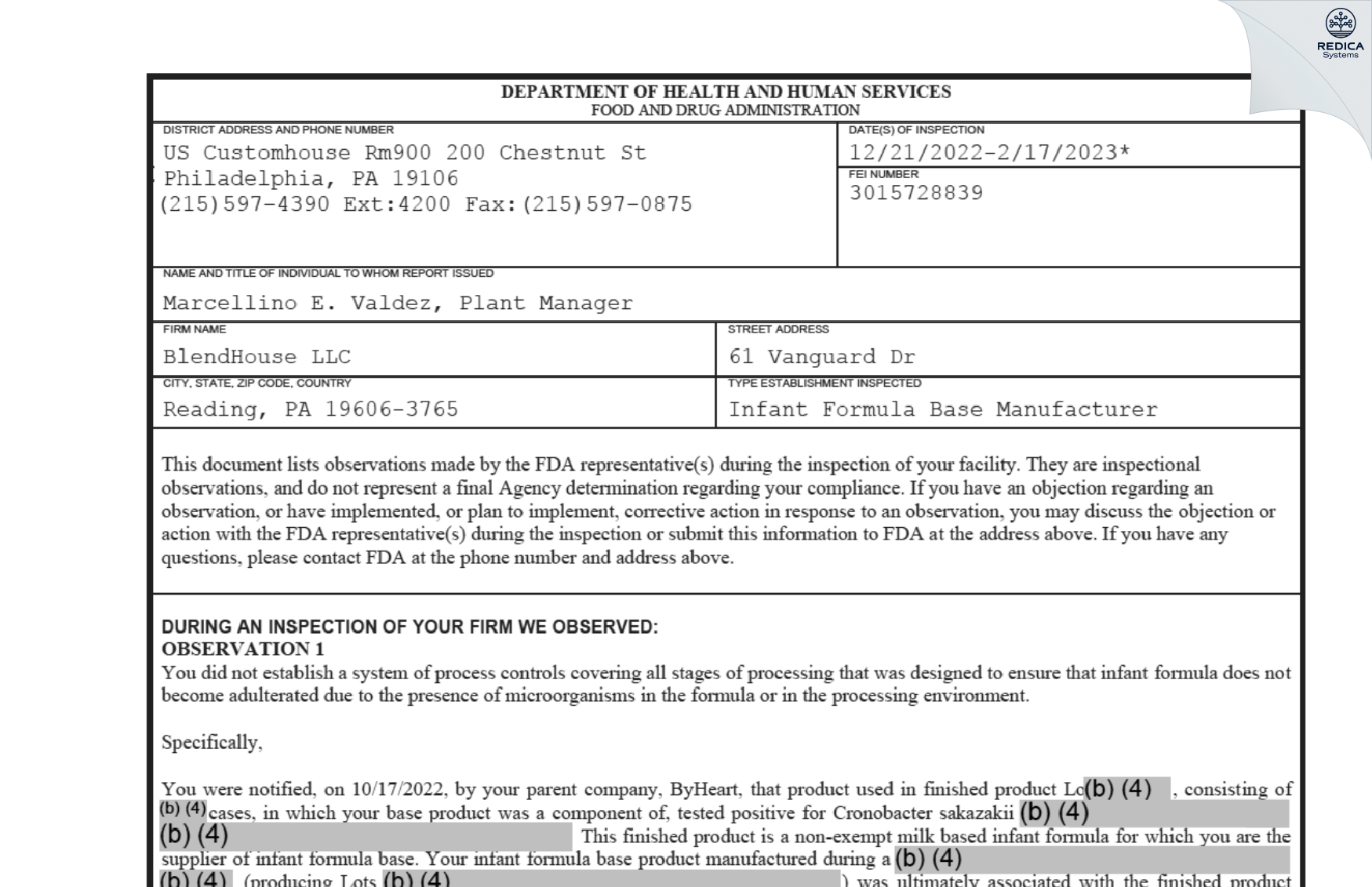 FDA 483 - BlendHouse LLC [Reading / United States of America] - Download PDF - Redica Systems