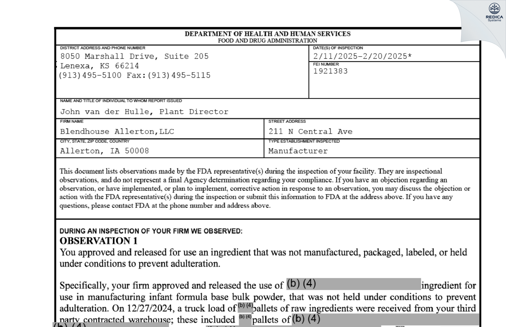 FDA 483 - ByHeart Inc dba Blendhouse Allerton [Allerton / United States of America] - Download PDF - Redica Systems
