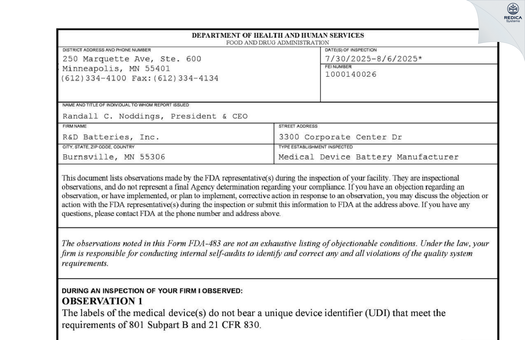 FDA 483 - R&D Batteries Inc [Burnsville / United States of America] - Download PDF - Redica Systems