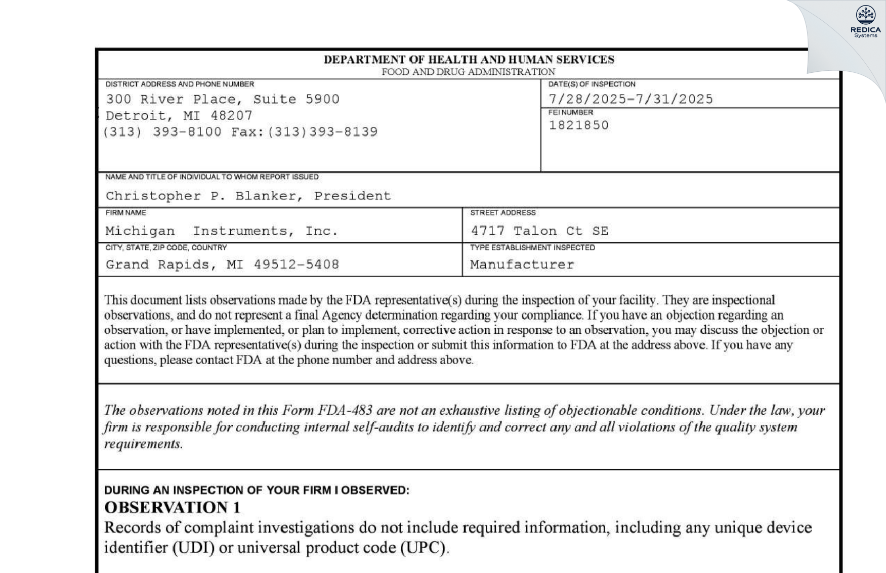 FDA 483 - Michigan Instruments, Inc. [Grand Rapids / United States of America] - Download PDF - Redica Systems