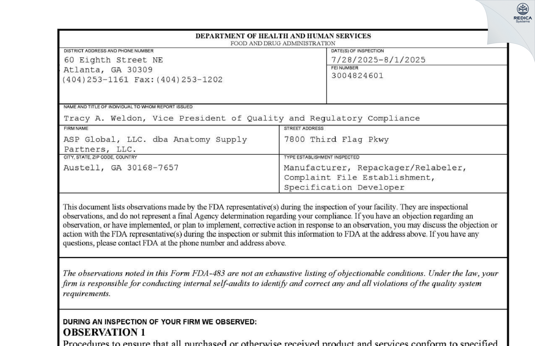 FDA 483 - Anatomy Supply Partners, LLC [Austell / United States of America] - Download PDF - Redica Systems