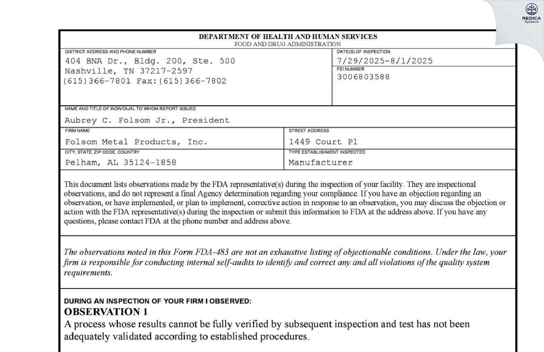 FDA 483 - Folsom Metal Products, Inc. [Pelham / United States of America] - Download PDF - Redica Systems