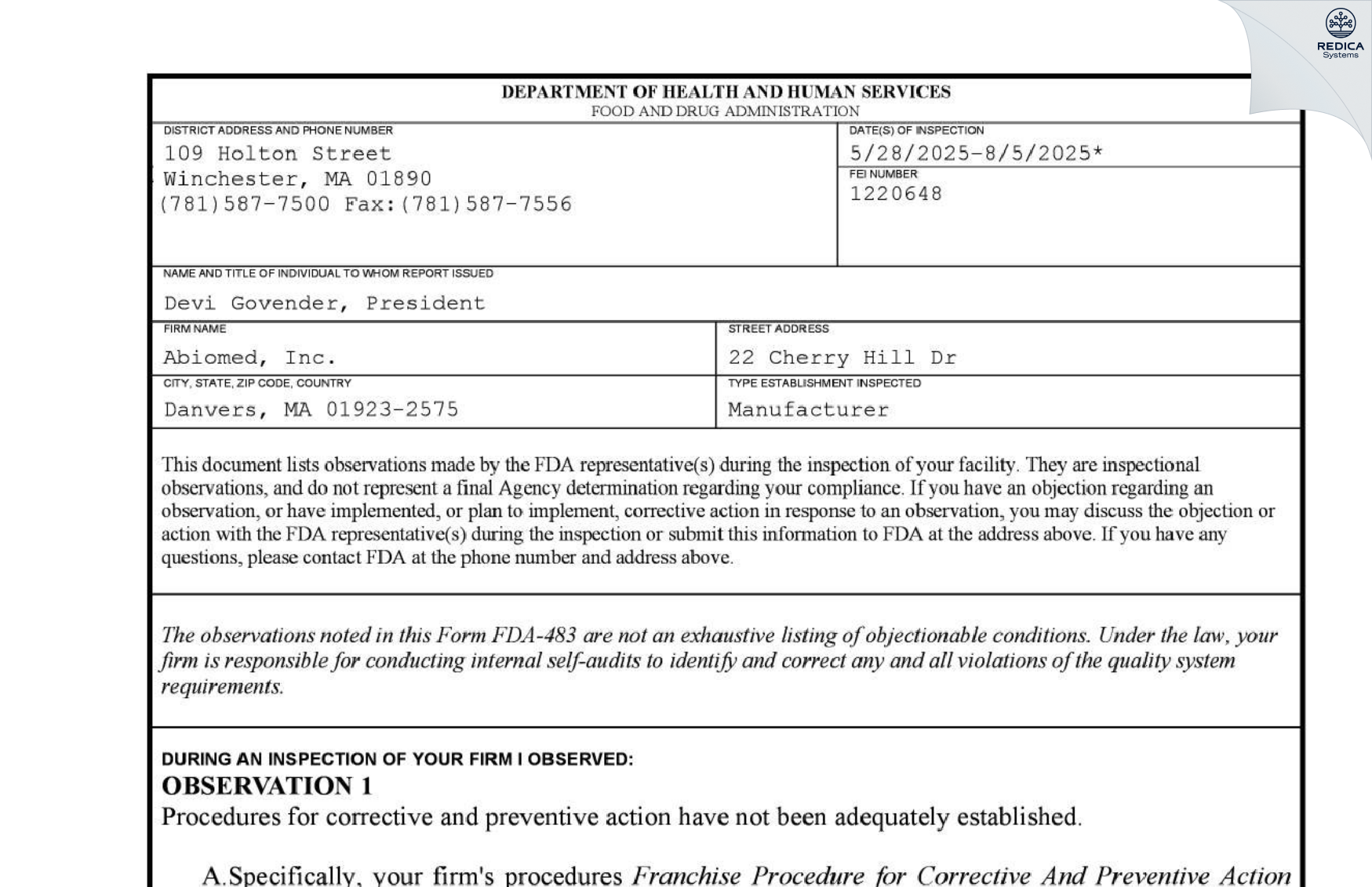 FDA 483 - Abiomed, Inc. [Danvers / United States of America] - Download PDF - Redica Systems