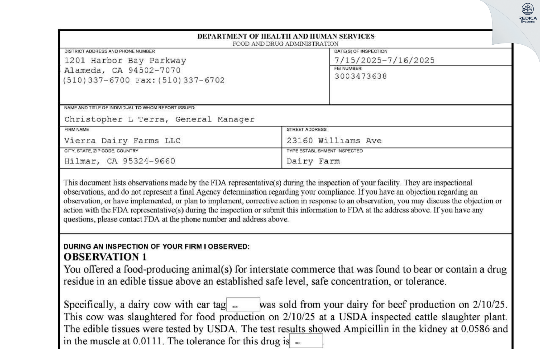 FDA 483 - Vierra Dairy Farms LLC [Hilmar / United States of America] - Download PDF - Redica Systems
