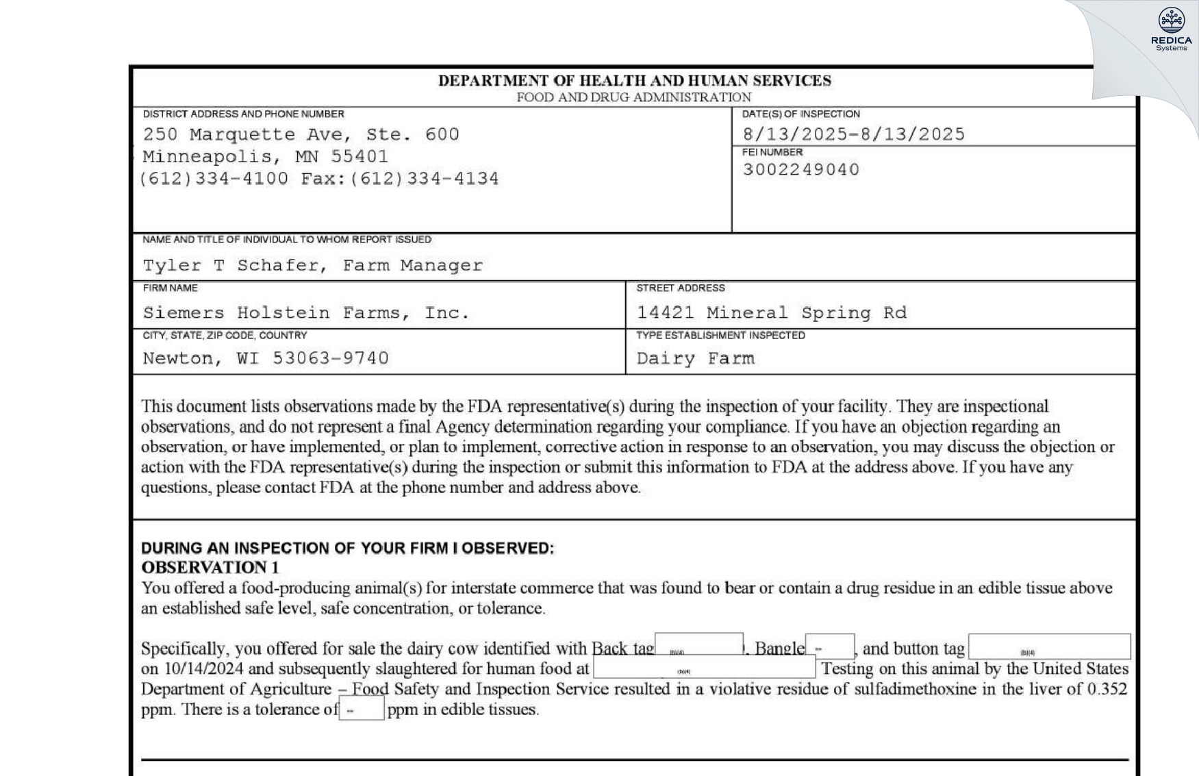 FDA 483 - Siemers Holsteins, Inc. [Newton / United States of America] - Download PDF - Redica Systems